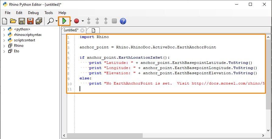 Cesium for Omniverse McNeel Rhino tutorial: Paste in the following Python script, and press the Play button.